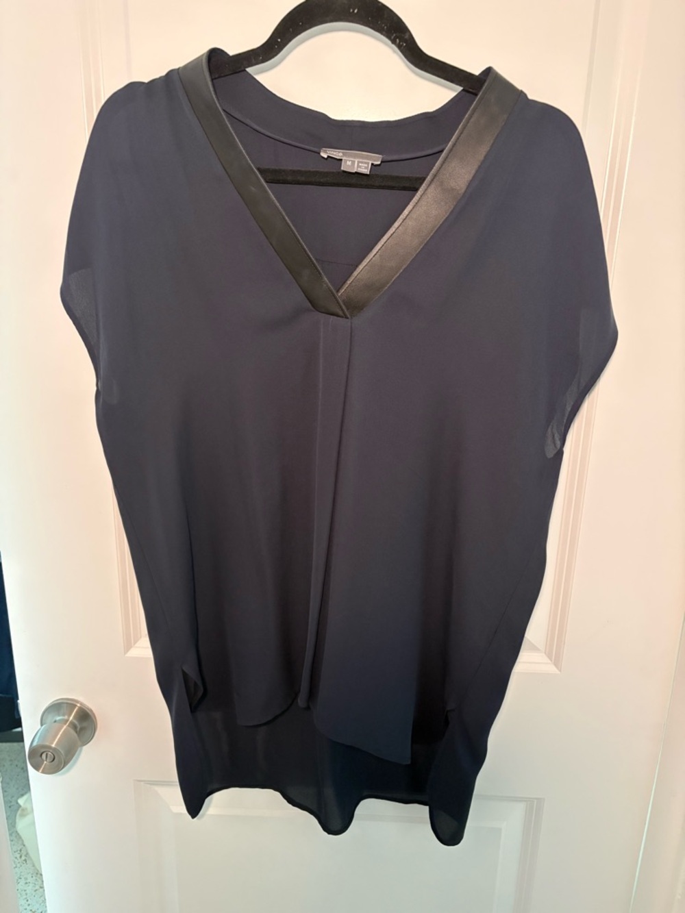 Vince Navy V-Neck Tunic with Faux Leather Trim